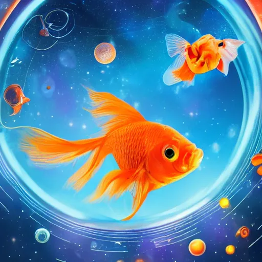 Image similar to a goldfish piloting a spaceship in outer space, intricate detail, epic composition, cosmic, futuristic 4 k,