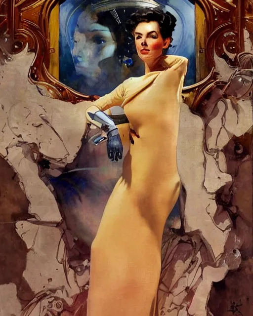 Image similar to head portrait of elegant striking mature space woman in futuristic robe, dynamic, by norman rockwell, roberto ferri, daniel gerhartz, edd cartier, jack kirby, howard v brown, ruan jia, tom lovell, frank r paul, dean cornwell, astounding stories, amazing, fantasy, other worlds