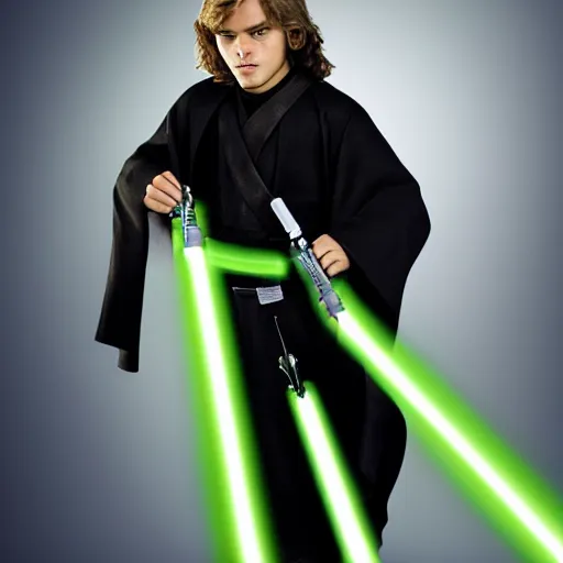 Image similar to anakin skywalker with green lightsaber, detailed photo, portrait, sharp.