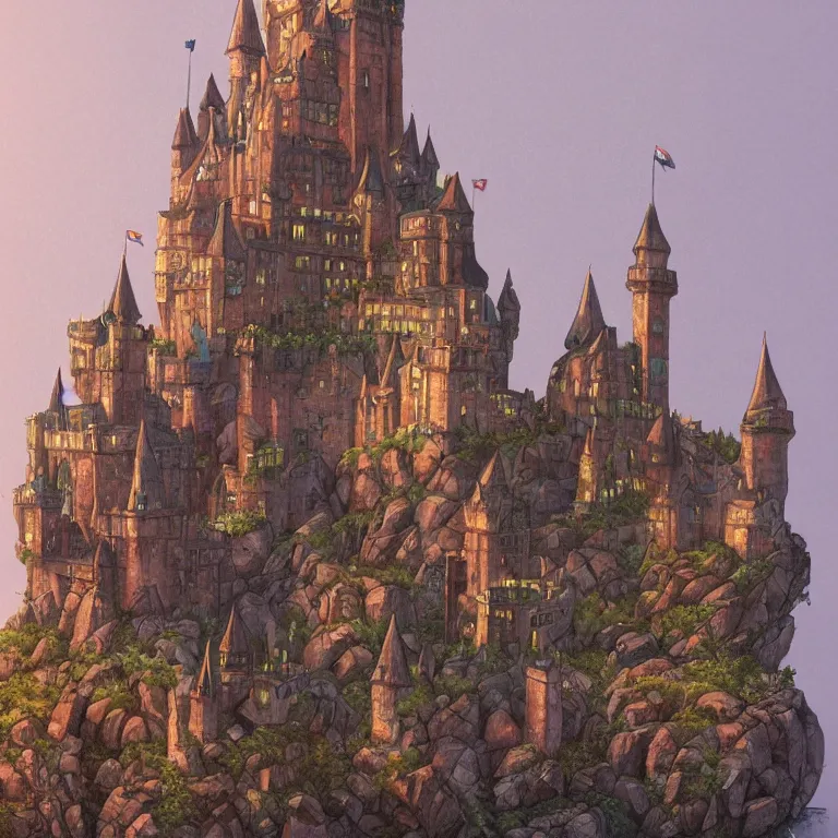 Image similar to large castle with towers by Wayne Barlow and catapults at dawn heading to the iceberg, highly detailed, painted by Wayne Barlow, Frank Lloyd Wright, trending on artstation