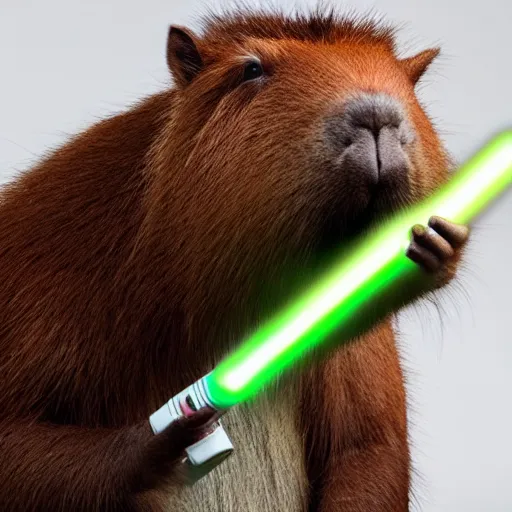 Image similar to A Realistic capybara posing with a glowing Jedi light saber in a well lit white room, 4k Photograph