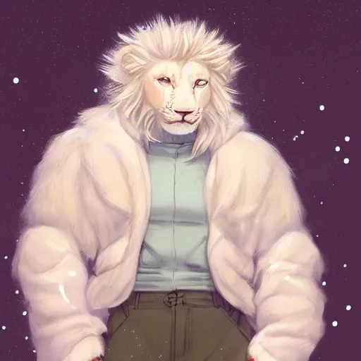 Prompt: aesthetic portrait commission of a albino male furry anthro lion wearing a cozy outfit in the snow pastel, Character design by charlie bowater, ross tran, artgerm, and makoto shinkai, detailed, inked, western comic book art, 2021 award winning painting