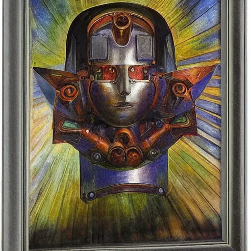 Prompt: the robot in her mechanical mask, by Annie Swynnerton and Diego Rivera, symbolist, dramatic lighting, elaborate geometric ornament, Art Brut ,god rays, soft cool colors,smooth, sharp focus, extremely detailed, Adolf Wölfli