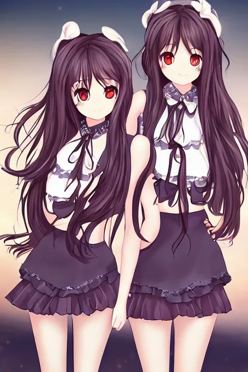 Image similar to two beautiful female idols with twintails standing chest to chest, dark background, soft anime art