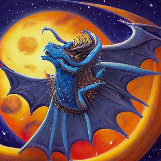 Image similar to A beautiful painting of a dragon in space by Justin Gerard. The dragon is in the foreground with its mouth open, revealing rows of sharp teeth. Its body is coiled and ready to strike, and its tail is wrapped around a star in the background. The colors are bright and the background is full of stars and galaxies. The overall effect is one of chaotic energy and movement. cow print, aardman animation by John Wayne Gacy CGI, tumultuous