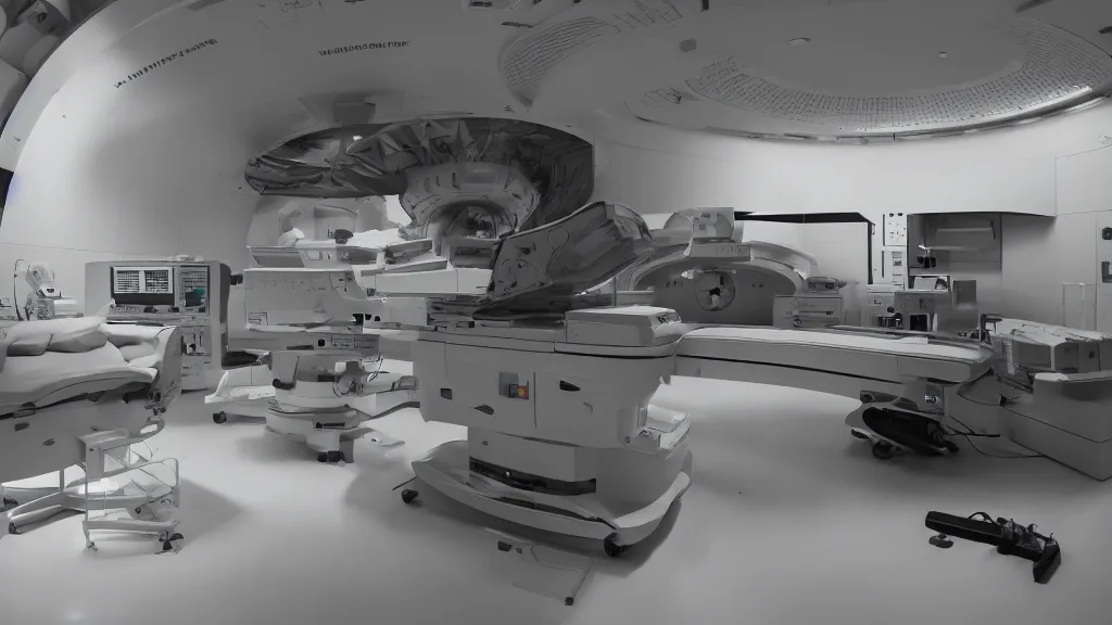 Prompt: a huge mri machine and control panels in the inspection room, film still from the movie directed by denis villeneuve with art direction by salvador dali, wide lens