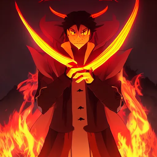 Prompt: devil handsome in demon slayer art, night, fire lines, anime style, detailed face, high quality, smooth in 8k, sharp focus, beautiful scene, black border,