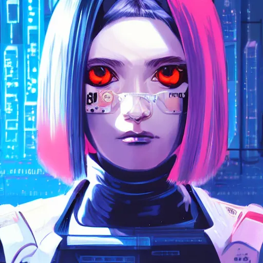 Image similar to a comic potrait of a cyberpunk cyborg girl with big and cute eyes, fine - face, realistic shaded perfect face, fine details. night setting. very anime style. realistic shaded lighting poster by ilya kuvshinov katsuhiro, magali villeneuve, artgerm, jeremy lipkin and michael garmash, rob rey and kentaro miura style, trending on art station