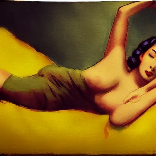 Image similar to beautiful, fine by ross tran deep yellow, 1 9 4 0 s. a conceptual art of a woman reclining on a bed.