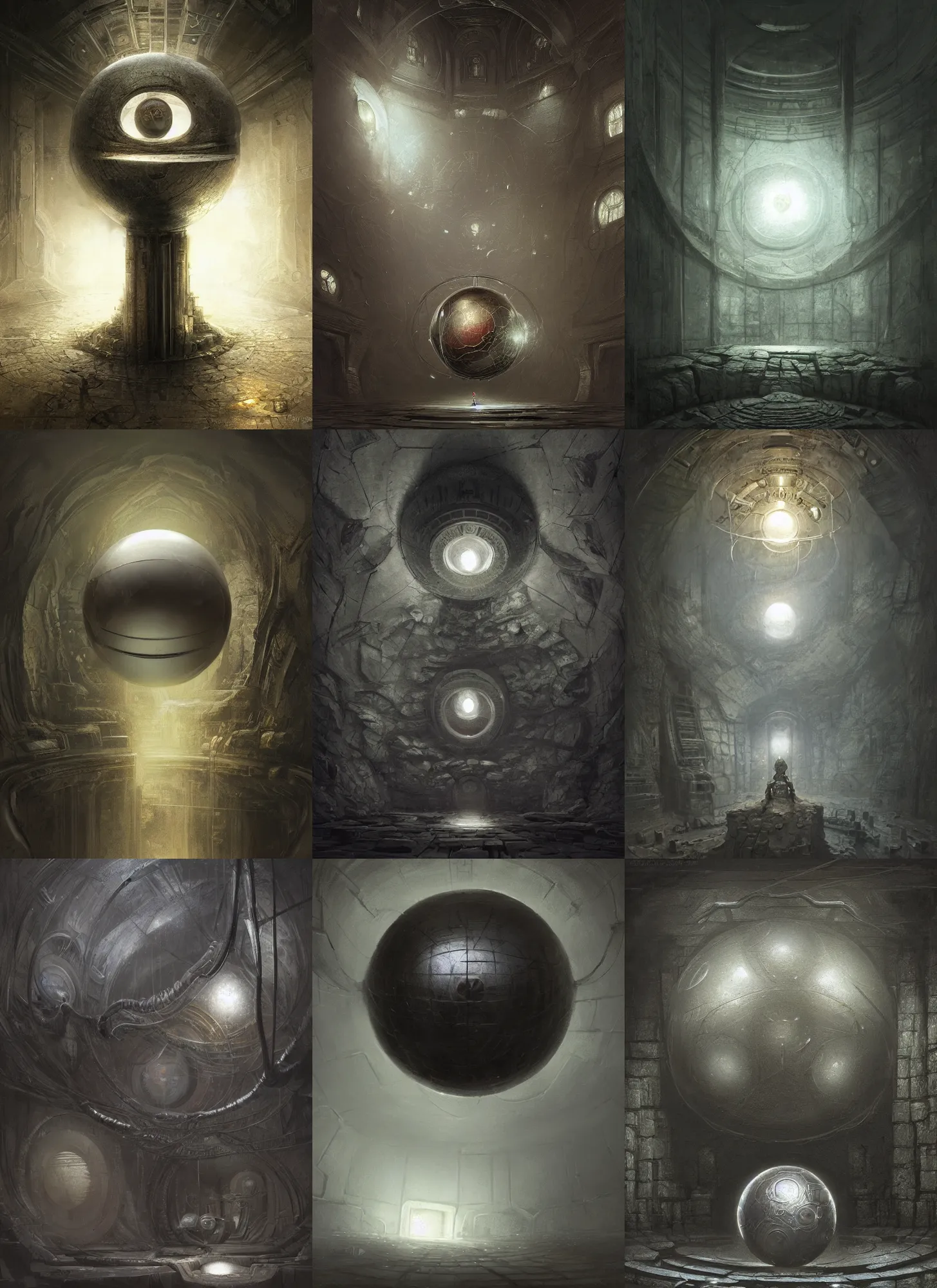 Prompt: steel silver sphere in the back of a dark stone room, intricate, elegant, sharp focus, highly detailed, concept art, digital painting, aleksi briclot, rutkowski, beksinski