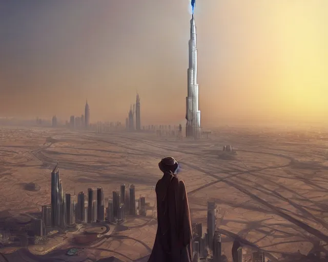 Image similar to dubai city and burj khalifa in front big desert, atmospheric lighting. by makoto shinkai, stanley artgerm lau, wlop, rossdraws, james jean, andrei riabovitchev, marc simonetti, krenz cushart, sakimichan, d & d trending on artstation, digital art.