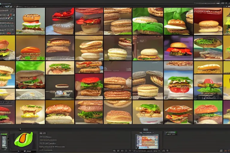 Image similar to hamburger themed gnu / linux desktop environment, linux mint, in 1 9 9 5, y 2 k cybercore, hamburger os, desktop screenshot