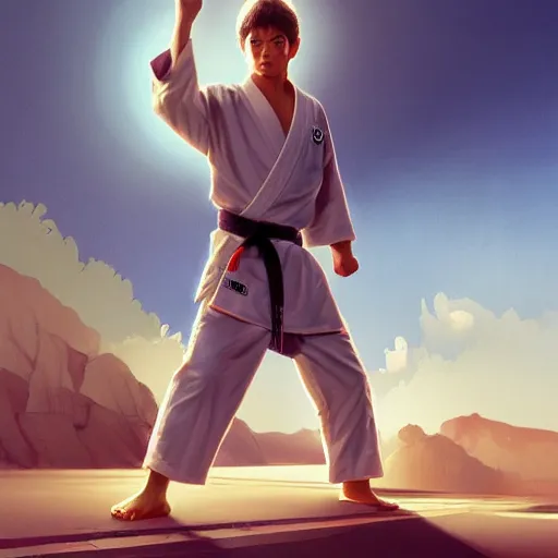 Image similar to karate kid, movie poster, miyagi, intricate, detailed, volumetric lighting, scenery, digital painting, highly detailed, artstation, sharp focus, illustration, artstation, art by artgerm and greg rutkowski and alphonse mucha