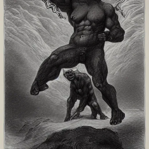 Image similar to full body grayscale drawing by Gustave Dore of muscled humanoid bear beast in heroic pose, swirling flames in background