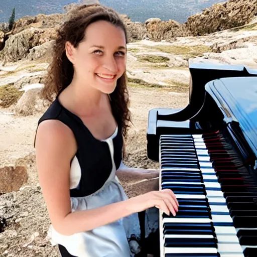 Prompt: Lena Raine playing a piano on top of a mountain