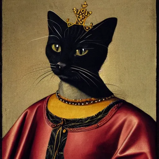 Image similar to a Cat wearing a crown and cape, dark background in a renaissance style portrait painting