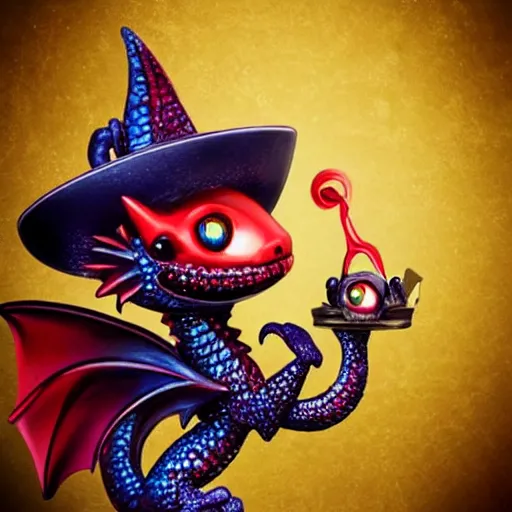 Image similar to Adorable sparkling, shiny crimson baby dragon with cute crystal clear blue eyes wearing a black top hat and a monocle