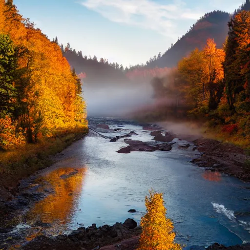 Prompt: A photo where the mountains are towering over the valley below their peaks shrouded in mist. The sun is just peeking over the horizon and the sky is ablaze with colors. The river is winding its way through the valley and the trees are starting to turn yellow and red.
