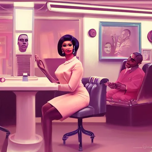 Image similar to 1 9 6 0 s illustration portrait of nicki minaj sitting next to barack obama in a barbershop. cinematic scene. ambient lighting, pastel earth colors, hyper detailed. octane render. concept art. trending on artstation.