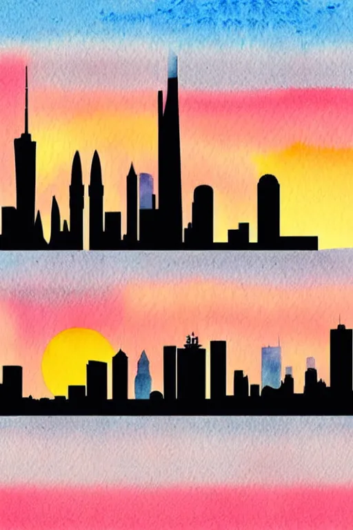 Prompt: minimalist watercolor art of frankfurt skyline at sunset, illustration, vector art