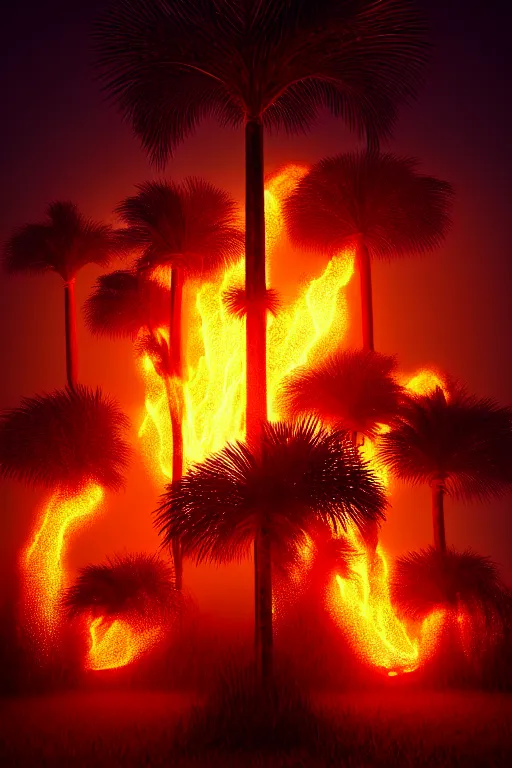 Image similar to hyper-detailed 4K photography Fiery Palm tree lights up black landscape with embers, volumetric lighting, octane render, 4K resolution, trending on artstation, masterpiece