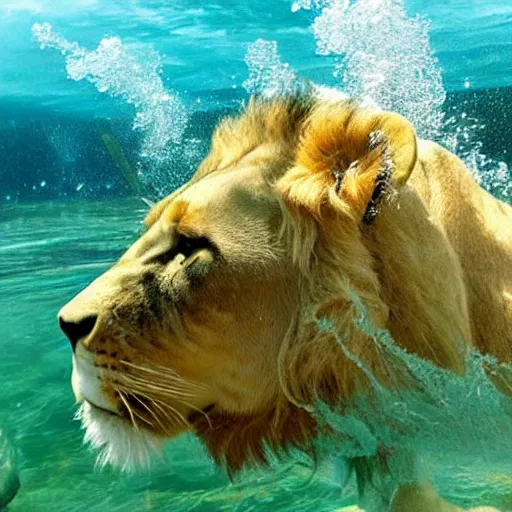 Prompt: photo of lion swimming underwater,