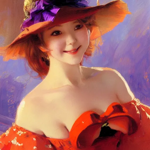 Image similar to a detailed portrait of a cute anime girl on swing, wearing a purple and red dress, wearing a orange hat, smiling coy, painting by gaston bussiere, craig mullins, j. c. leyendecker