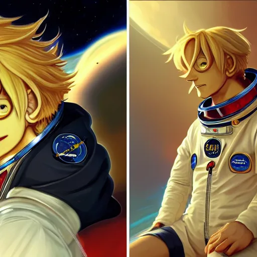 Image similar to sanji in a astronaut suit and sanji, black tuxedo, intricate, sanji, highly detailed, digital painting, artstation, concept art, smooth, sharp focus, illustration, sanji, unreal engine 5, 8 k, art by artgerm and greg rutkowski and alphonse mucha