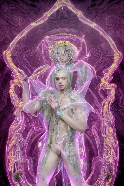 Image similar to full-body rococo and cyberpunk delicate neon crystalline sculpture of ((young muscular albino prince Jay Sean)) as an iridescent humanoid deity wearing a thin see-through ((plastic hooded cloak)) (holding a human skull) in a white castle dungeon, reclining con (((las piernas abiertas))), glowing pink face, crown of (white lasers), large diamonds, swirling black silk fabric. futuristic elements. oozing glowing liquid, full-length view. space robots. intricate artwork by caravaggio. Trending on artstation, octane render, cinematic lighting from the right, hyper realism, octane render, 8k, depth of field, 3D