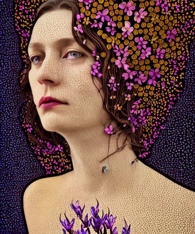 Prompt: a striking! detailed!! portrait of a middle aged woman with hazel eyes, shards of the evening ascending like broken stained glass, hyacinth blooms surround her, hyperrealistic art nouveau, neural pointillism, earth tones, octane, 8 k