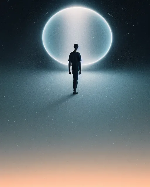 Image similar to a person standing in front of a glowy open door that's on a barren moon, poster art by mike winkelmann, trending on cg society, space art, sci - fi, ue 5, futuristic, volumetric lighting, light casting onto the ground, neat composition and camera angle