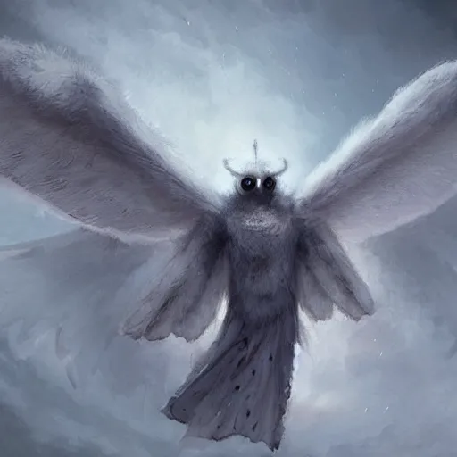 Prompt: white fur mothman, big wings on back, mothman moth, six arms, by greg rutkowski