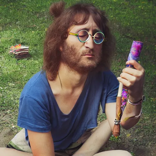 Image similar to a mystical hippy meditating, john lennon spectacles on, deep hippy vibe, smoke and hooka pipe, weed