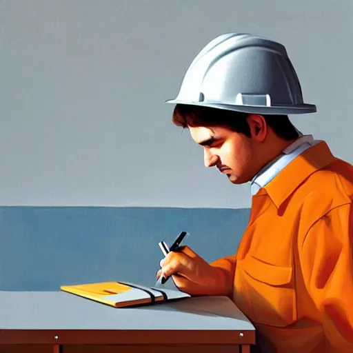 Prompt: a worker wearing a hardhat writing in a notepad with a calculator, by rhads, 3 d