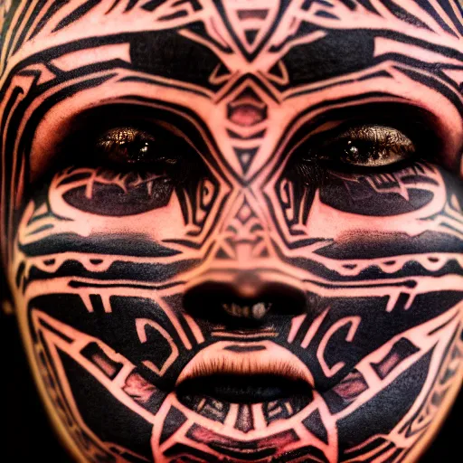 Image similar to portrait photo of a beautiful alien face with tribal tattoos on face, golden hour, 8 0 mm lens