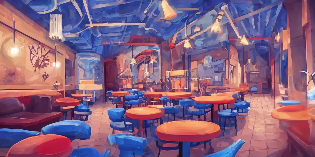 Image similar to cafe interior, blue and red tones, fantasy art, 2 d game art