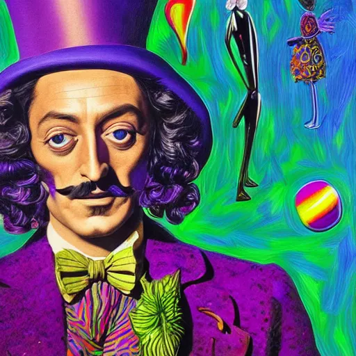 Prompt: an extremely psychedelic portrait of salvador dali as willy wonka, surreal, lsd, face, detailed, intricate, elegant, lithe, highly detailed, digital painting, artstation, concept art, smooth, sharp focus, illustration,