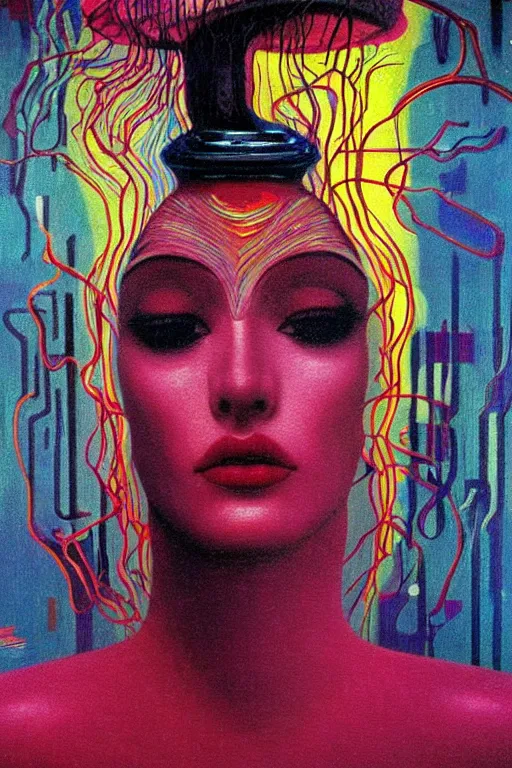 Image similar to 8 0 s art deco close up portait of miss of the world, rain like a dream oil painting curvalinear clothing cinematic dramatic cyberpunk textural fluid lines otherworldly vaporwave interesting details fantasy lut epic composition by basquiat zdzisław beksinski james jean artgerm rutkowski moebius francis bacon gustav klimt