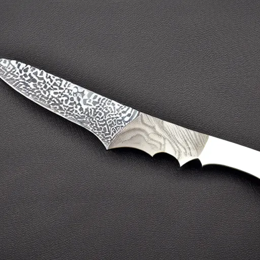 Prompt: mosaic damascus bowie knife detailed blackwood handle wide angle photograph