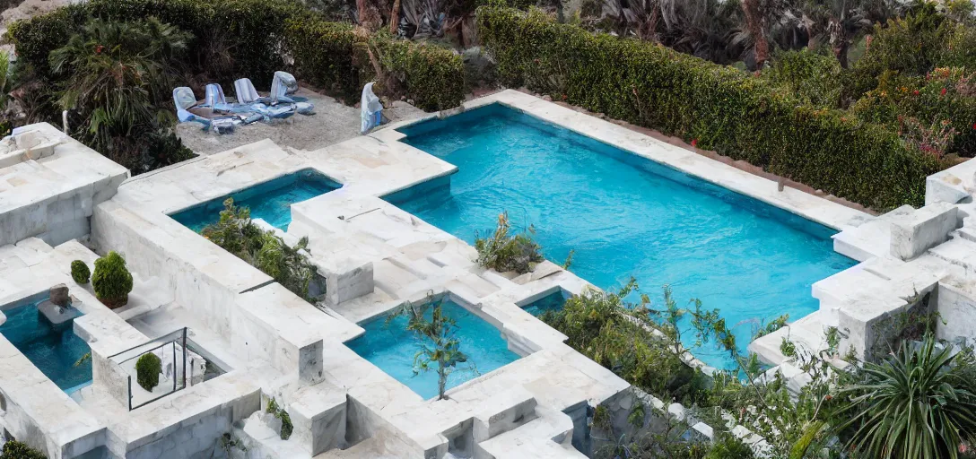 Image similar to house made of pentelic marble, designed by ictinus and callicrates. neptune pool from hearst castle in backyard. built in 1 9 5 9 in santa monica. fancy post - oscars party