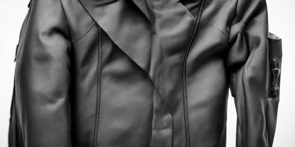 Image similar to photo of a designer menswear jacket designed by Nicolas Ghesquière inspired by dutch police jackets, 4k, studio lighting, canon eos 6d, ƒ/8