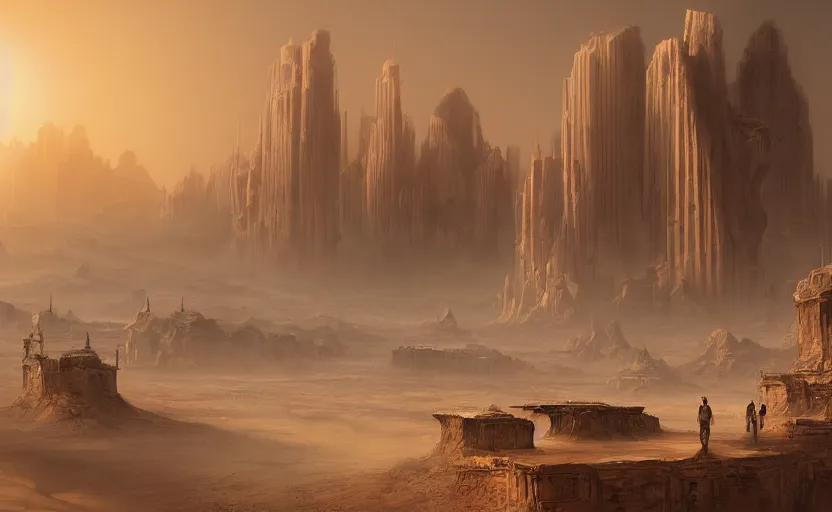 Image similar to matte painting of a desert landscape of a science fiction city, two suns, gloomy, fog, elaborate, detailed digital art trending in artstation