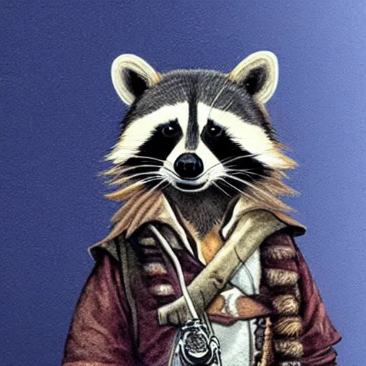 Image similar to A raccoon in jack sparrow style,