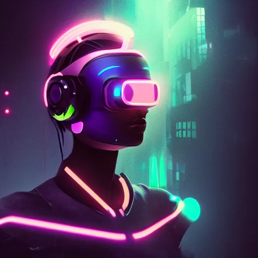 Image similar to cyberpunk concept cool girl cyborg bot, cinema 4 d, galaxy, ufo, space sci - fi, wearing vr goggles, illustration, portrait, pastel neon textured background night, trending on artstation, greg rutkowski, octane rendered, 1 2 k, detailed,