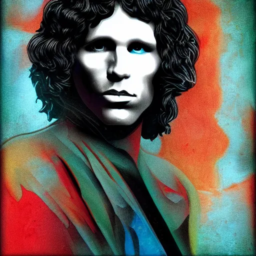 Image similar to Jim Morrison, The Doors, Detailed, Mixed Media, Cream paper, black, red, cyan, Digital Art. DeviantArt