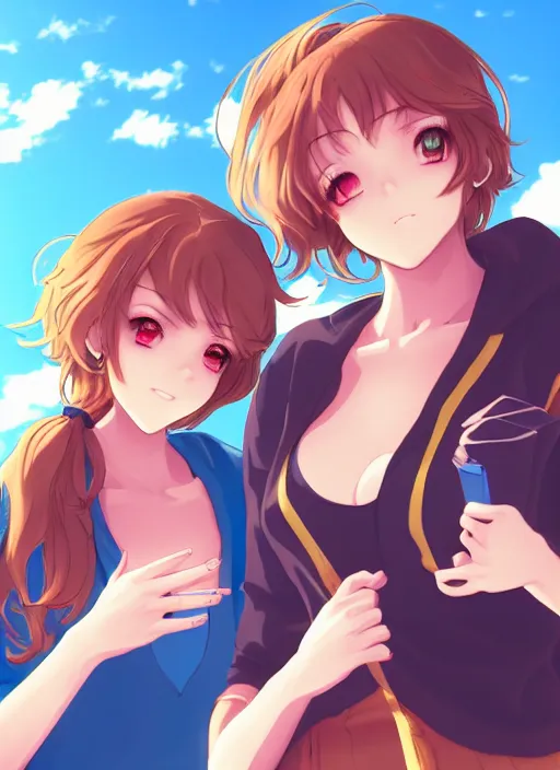 Image similar to two beautiful women under a blue sky, casual summer clothes, gorgeous faces, thick lines, cinematic lighting, detailed anime art