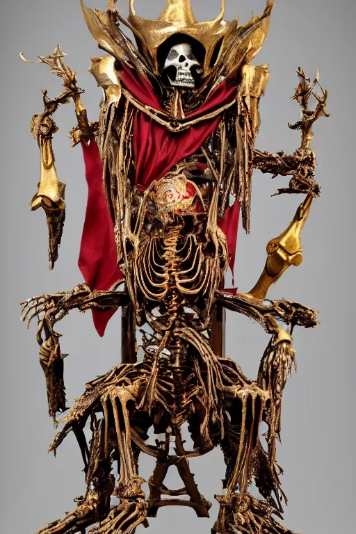 Image similar to wraith skeleton knight wearing crimson cloak sitting on throne, mechanic electric ornaments, golden metallic, realistic, detailed, by caravaggio