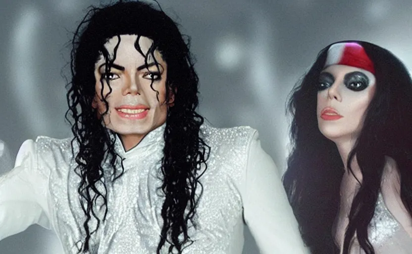 Image similar to michael jackson and lady gaga in trance sci - fi music video