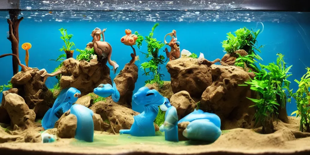 Image similar to plasticine model in water. figures clay. siamese fighting fish. clay figure. surreal. tropical fish tank with sand. strange. weird. astrix and obelisk. tintin. hands. tank. wallace and gromit. aquatic photography. photorealistic. waiting room