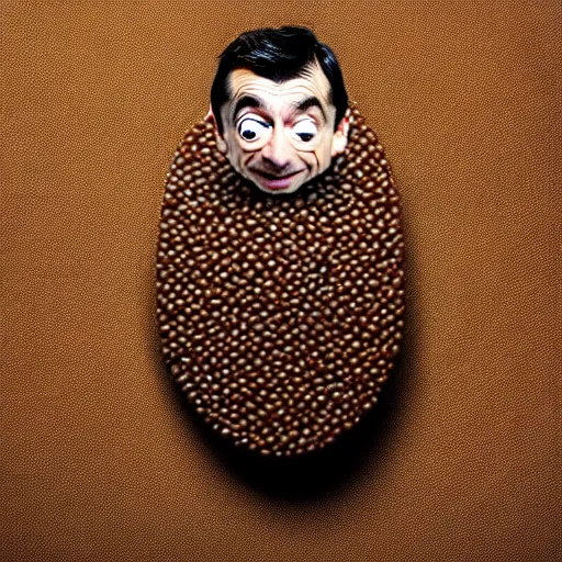 Prompt: uhd candid photo of mr. bean made of beans. photo by annie leibowitz